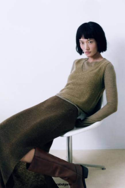 Zara облекло 66FT641 Жени плетена миди пола тъмна маслина