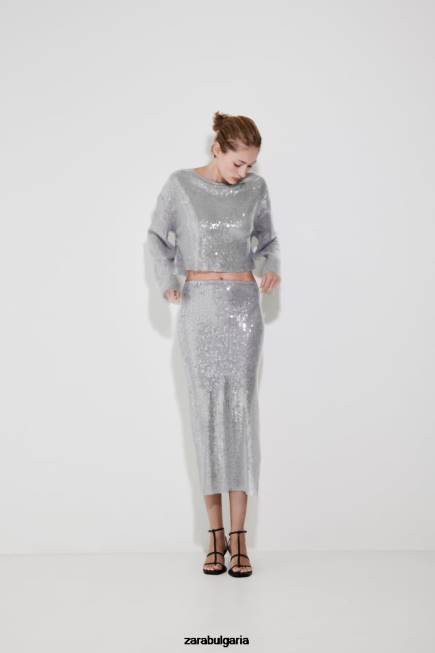 Zara облекло 66FT648 Жени миди пола с пайети сиво
