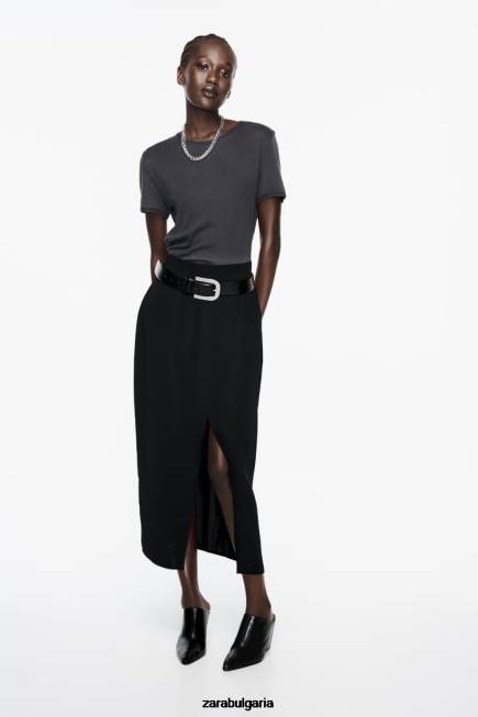 Zara облекло 66FT651 Жени миди пола с цепка черен