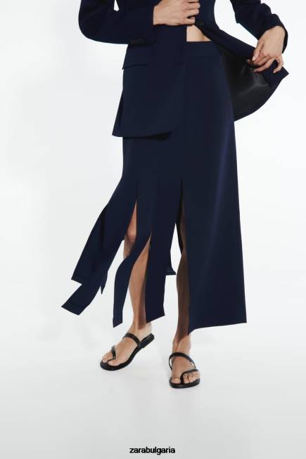 Zara облекло 66FT654 Жени миди пола със странични цепки тъмносин