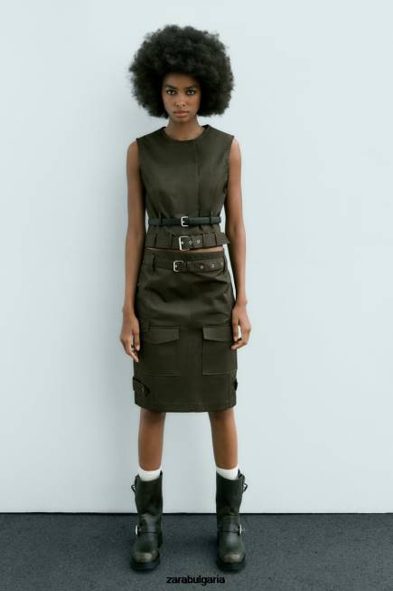 Zara облекло 66FT655 Жени миди пола с джоб средно каки