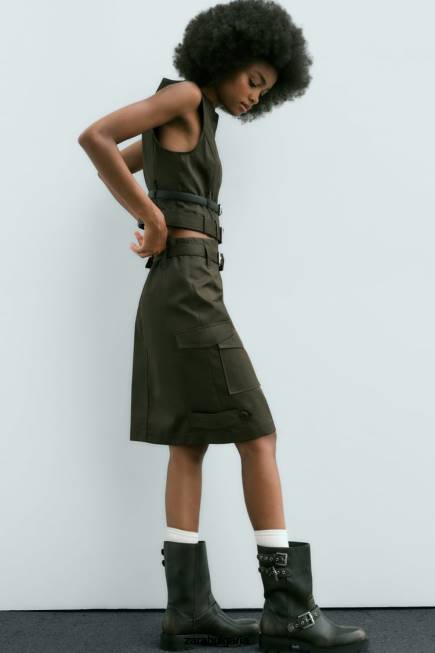 Zara облекло 66FT655 Жени миди пола с джоб средно каки