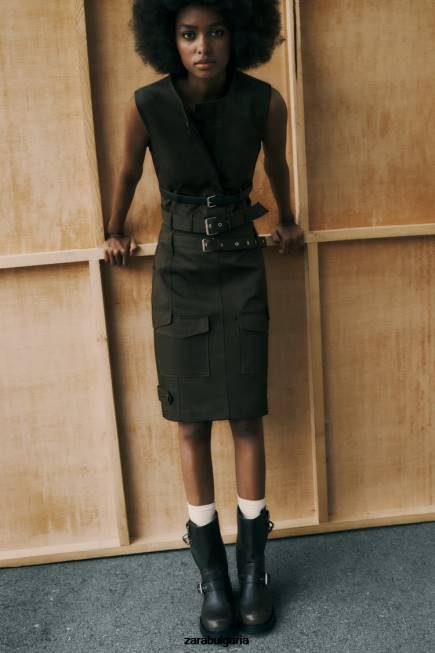 Zara облекло 66FT655 Жени миди пола с джоб средно каки