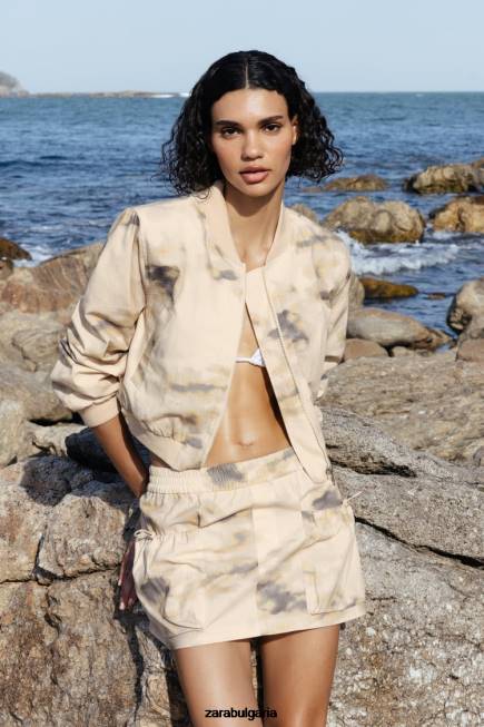 Zara облекло 66FT663 Жени щампована мини карго пола бежово