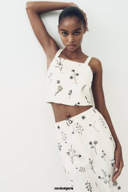 Zara облекло 66FT671 Жени бродирана пола от ленена смес екрю