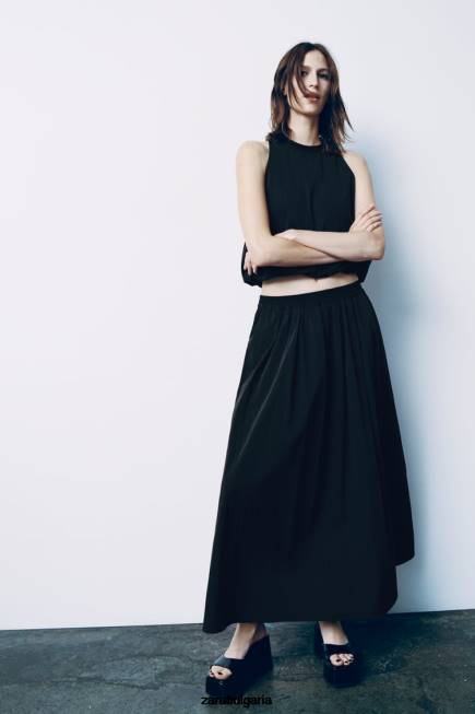 Zara облекло 66FT675 Жени обемна миди пола черен