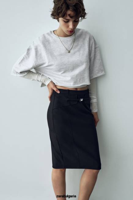 Zara облекло 66FT685 Жени миди пола с колан черен