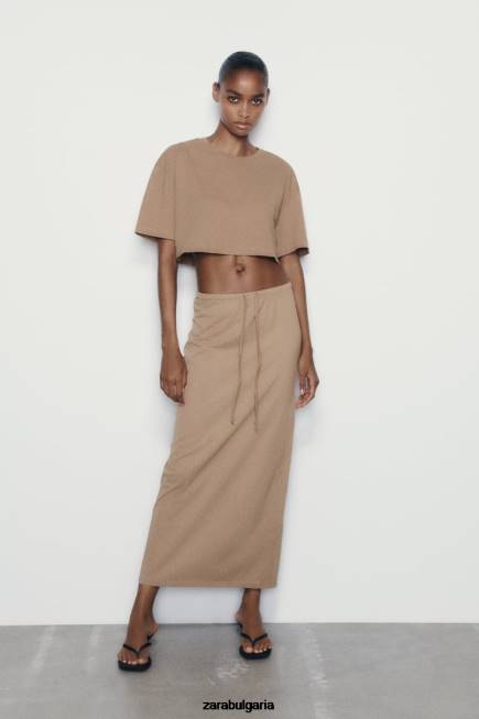 Zara облекло 66FT686 Жени миди пола с изпран ефект светлокафяво