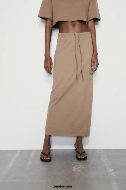 Zara облекло 66FT686 Жени миди пола с изпран ефект светлокафяво