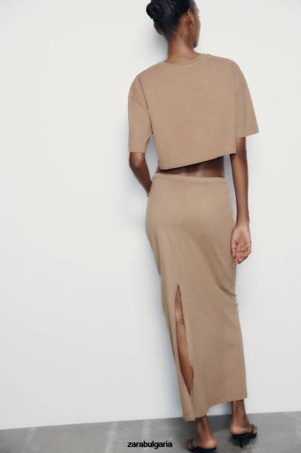 Zara облекло 66FT686 Жени миди пола с изпран ефект светлокафяво