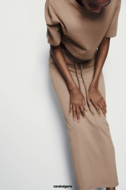 Zara облекло 66FT686 Жени миди пола с изпран ефект светлокафяво