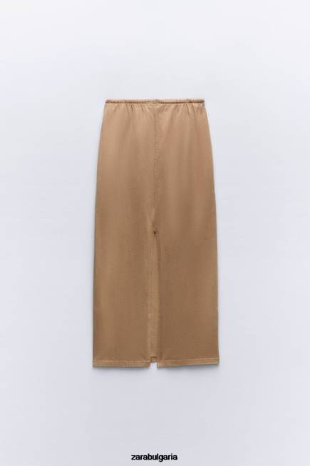 Zara облекло 66FT686 Жени миди пола с изпран ефект светлокафяво