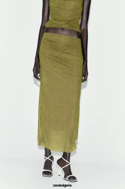 Zara облекло 66FT692 Жени миди пола от органза светло зелено