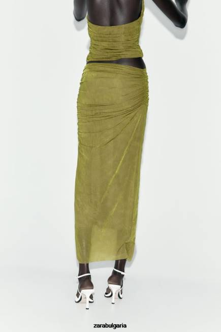 Zara облекло 66FT692 Жени миди пола от органза светло зелено