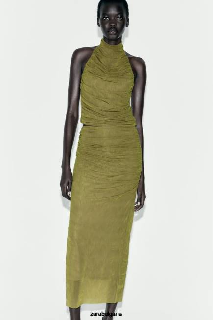 Zara облекло 66FT692 Жени миди пола от органза светло зелено