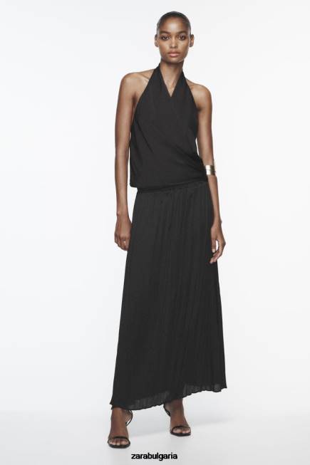Zara облекло 66FT694 Жени дълга пола с ефект на бръчки черен
