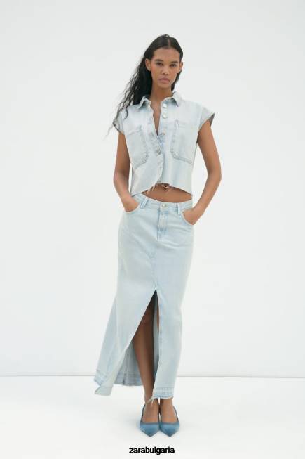 Zara облекло 66FT695 Жени z1975 дънкова миди пола с цепка светло синьо