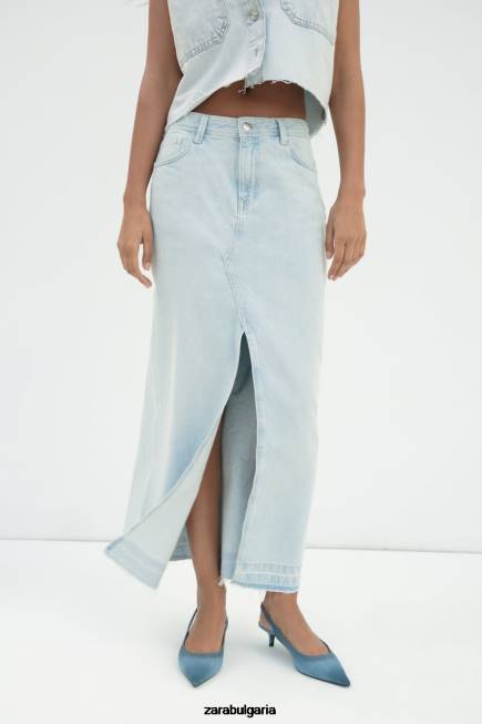 Zara облекло 66FT695 Жени z1975 дънкова миди пола с цепка светло синьо