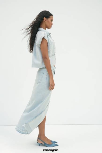 Zara облекло 66FT695 Жени z1975 дънкова миди пола с цепка светло синьо