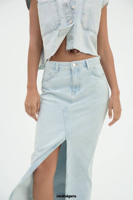 Zara облекло 66FT695 Жени z1975 дънкова миди пола с цепка светло синьо