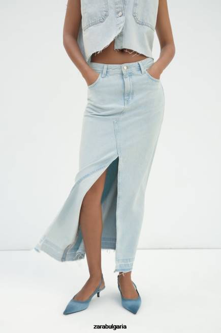 Zara облекло 66FT695 Жени z1975 дънкова миди пола с цепка светло синьо