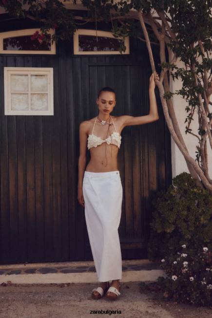 Zara облекло 66FT699 Жени z1975 дънкова миди пола с обвита талия бяло