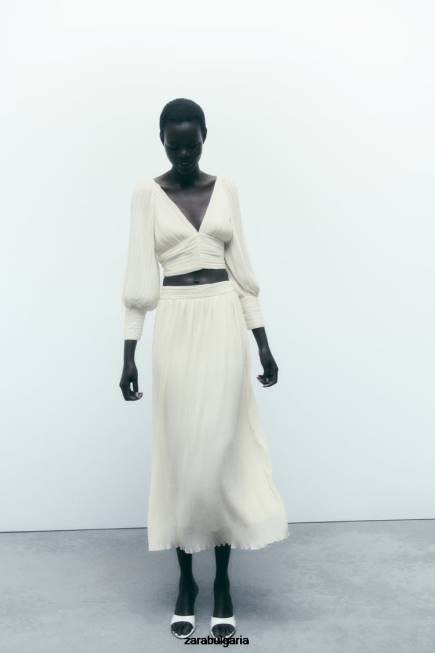 Zara облекло 66FT700 Жени плисирана миди пола бяла стрида