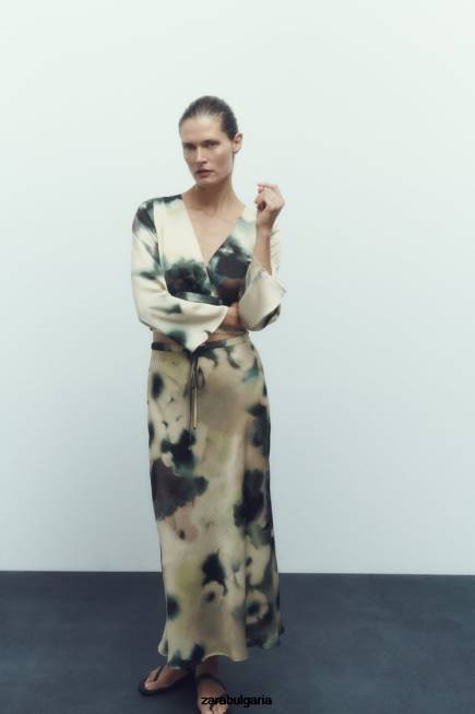 Zara облекло 66FT701 Жени миди пола със сатенен ефект с щампа за вратовръзка многоцветен