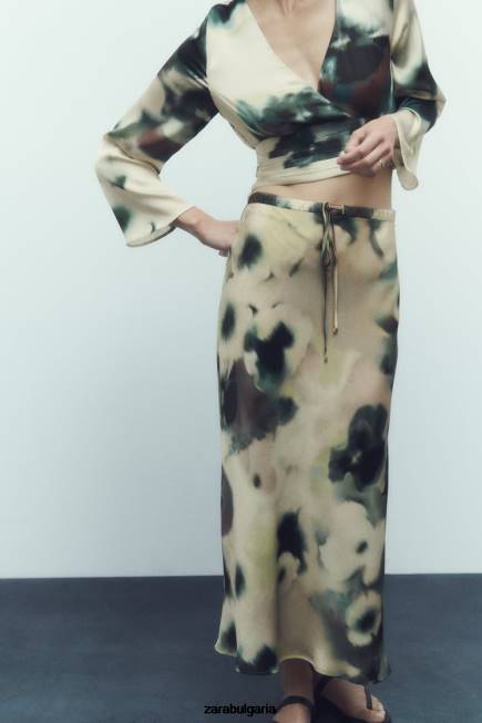 Zara облекло 66FT701 Жени миди пола със сатенен ефект с щампа за вратовръзка многоцветен