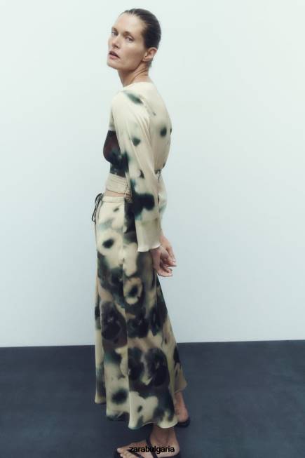 Zara облекло 66FT701 Жени миди пола със сатенен ефект с щампа за вратовръзка многоцветен