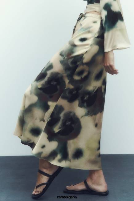 Zara облекло 66FT701 Жени миди пола със сатенен ефект с щампа за вратовръзка многоцветен