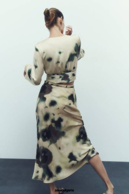 Zara облекло 66FT701 Жени миди пола със сатенен ефект с щампа за вратовръзка многоцветен