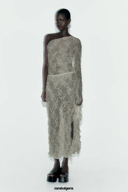 Zara облекло 66FT704 Жени дантелена миди пола с волани светло каки