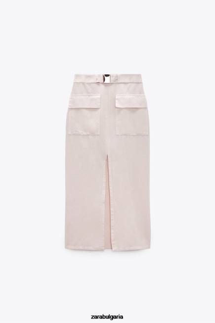 Zara облекло 66FT713 Жени миди карго пола от ленена смес екрю