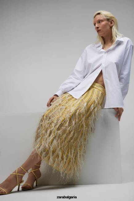 Zara облекло 66FT722 Жени лимитирана серия на кристална пола с пера жълто