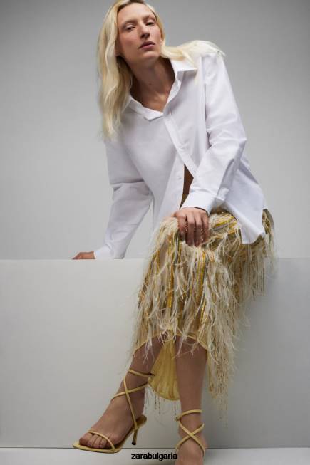 Zara облекло 66FT722 Жени лимитирана серия на кристална пола с пера жълто