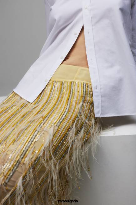 Zara облекло 66FT722 Жени лимитирана серия на кристална пола с пера жълто