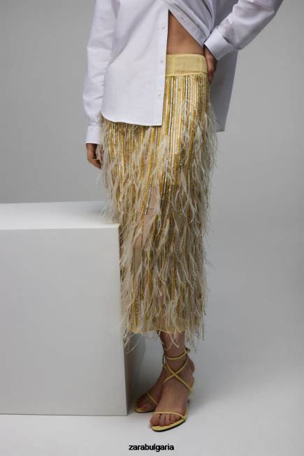 Zara облекло 66FT722 Жени лимитирана серия на кристална пола с пера жълто