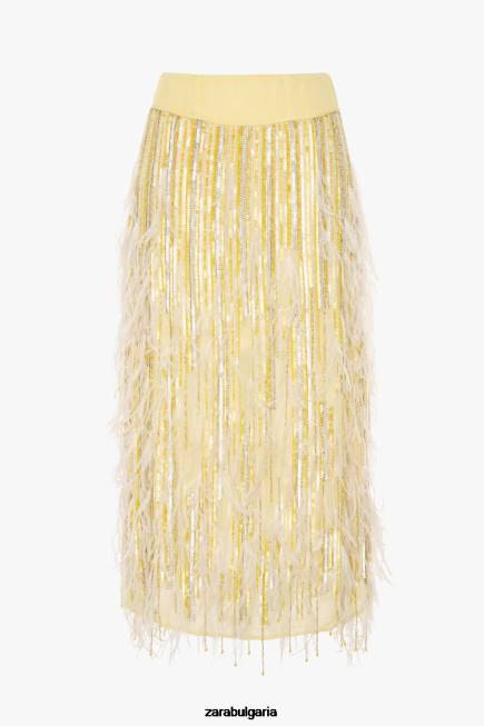 Zara облекло 66FT722 Жени лимитирана серия на кристална пола с пера жълто