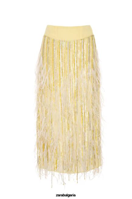Zara облекло 66FT722 Жени лимитирана серия на кристална пола с пера жълто