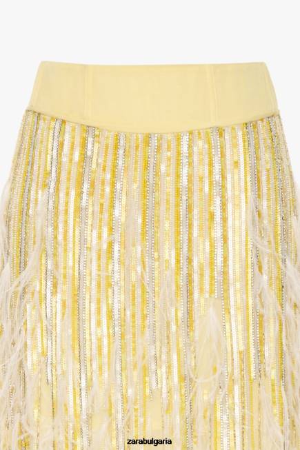 Zara облекло 66FT722 Жени лимитирана серия на кристална пола с пера жълто