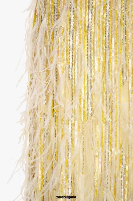 Zara облекло 66FT722 Жени лимитирана серия на кристална пола с пера жълто
