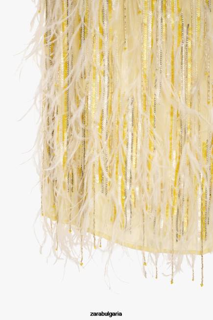 Zara облекло 66FT722 Жени лимитирана серия на кристална пола с пера жълто