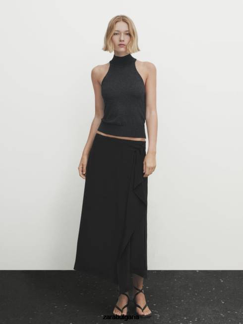 Zara облекло 66FT844 Жени контрастна течаща миди пола черен