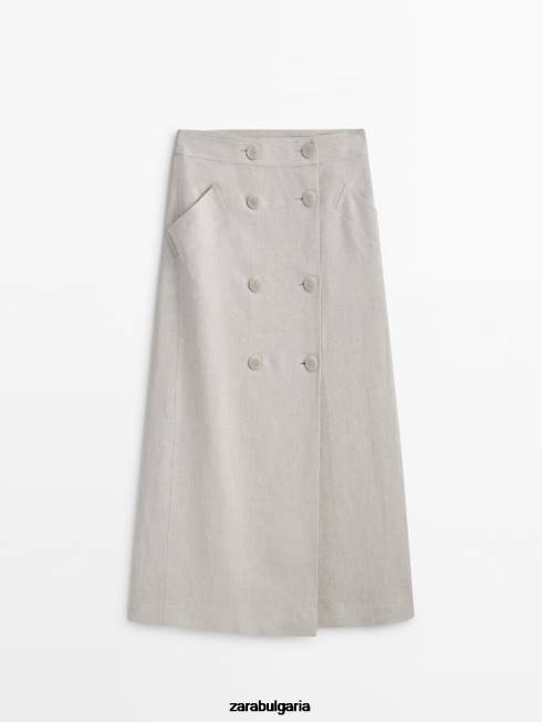 Zara облекло 66FT857 Жени миди пола от смесен лен с двойно закопчаване екрю