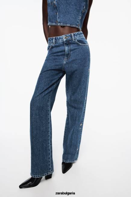 Zara облекло 66FT921 Жени z1975 дънки с пръстени с висока талия и права кройка средно синьо