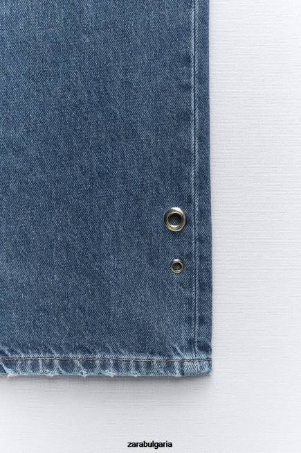 Zara облекло 66FT921 Жени z1975 дънки с пръстени с висока талия и права кройка средно синьо