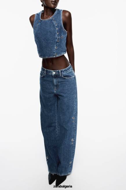 Zara облекло 66FT921 Жени z1975 дънки с пръстени с висока талия и права кройка средно синьо