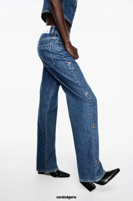 Zara облекло 66FT921 Жени z1975 дънки с пръстени с висока талия и права кройка средно синьо
