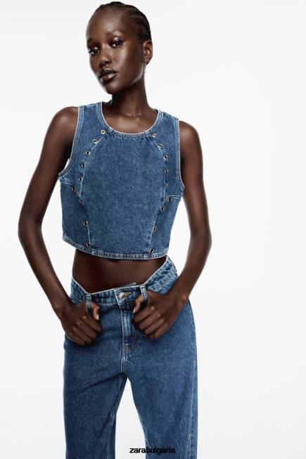 Zara облекло 66FT921 Жени z1975 дънки с пръстени с висока талия и права кройка средно синьо